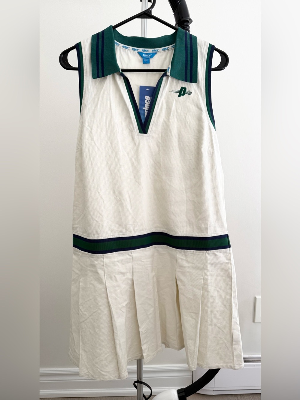 New Prince White Tennis Dress with Green and Navy Trim